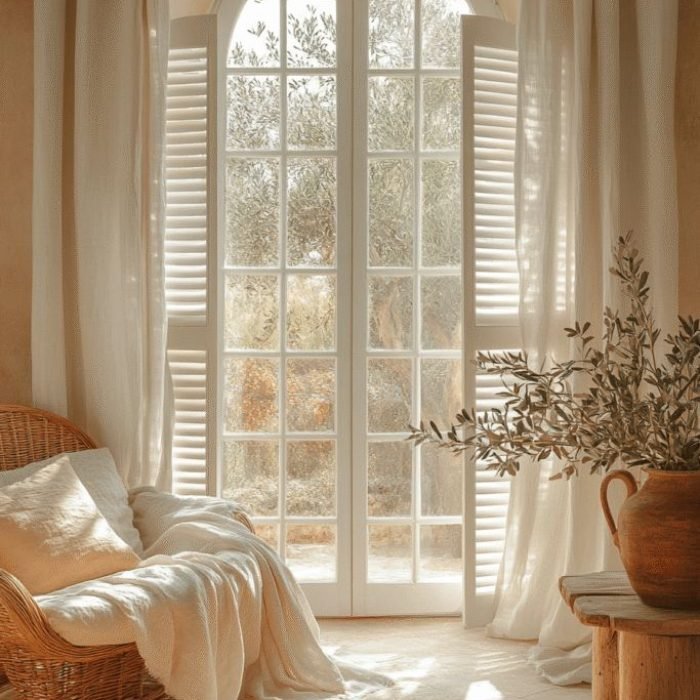 Warm Mediterranean Light with Classic White Shutters